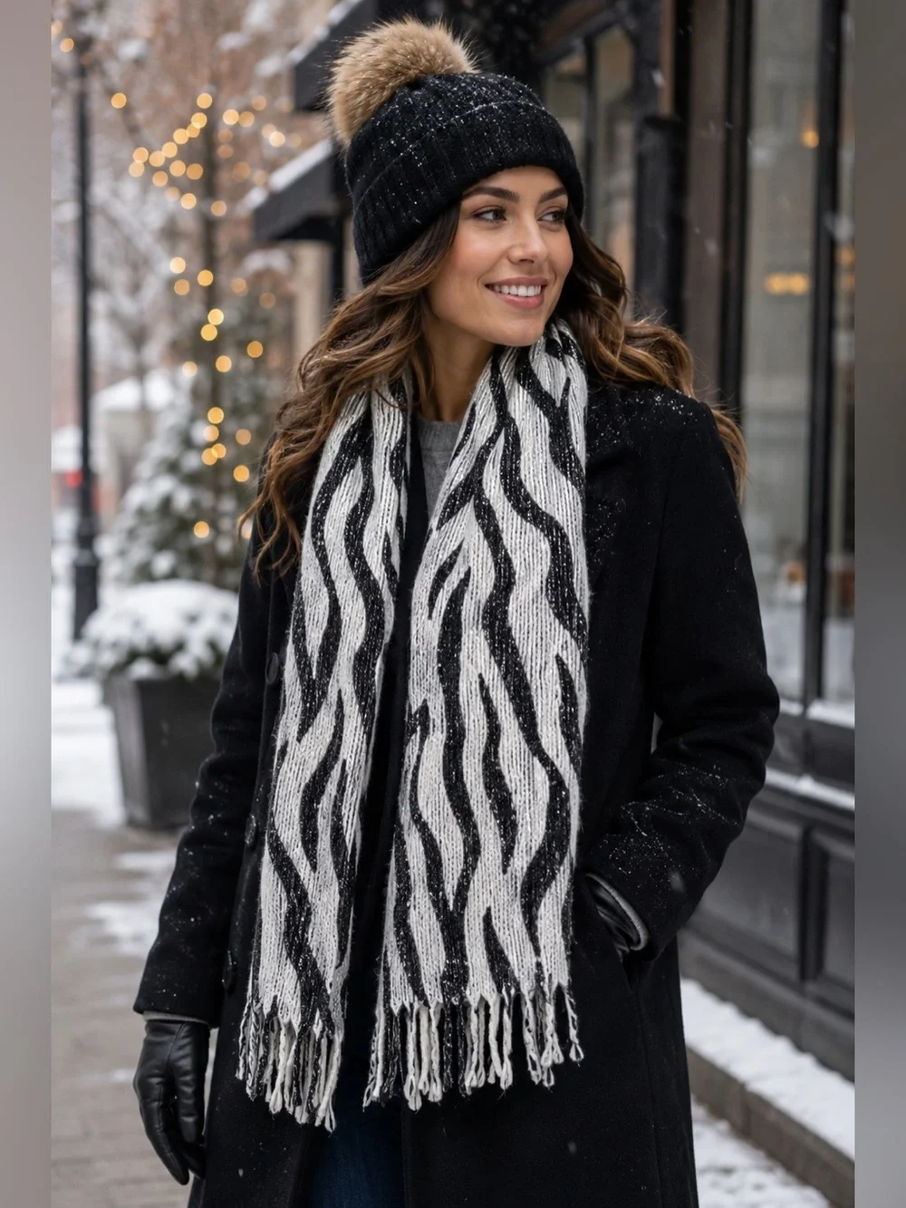 Zebra Print Tassel Scarf Black White | Sparkle Wrap Fringe Chic Long Scarf